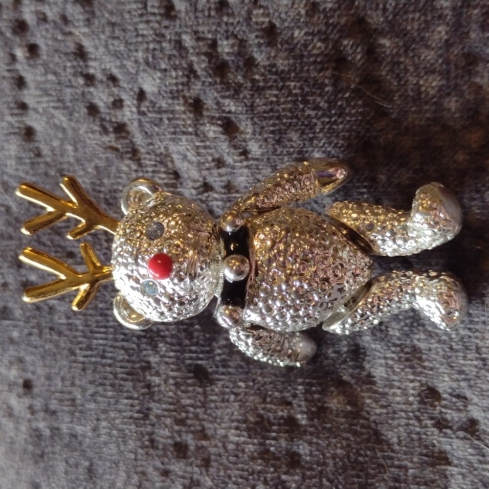 Vintage Napier Jointed Teddy Bear Christmas Rudolph Brooch Sparkling Rare